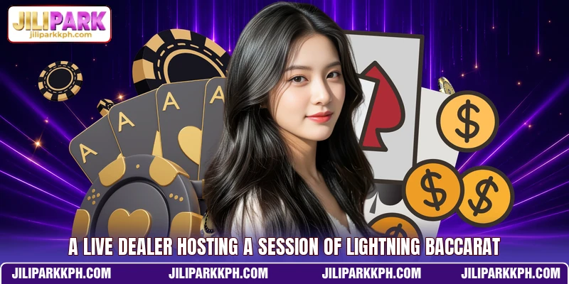 A live dealer hosting a session of lightning baccarat