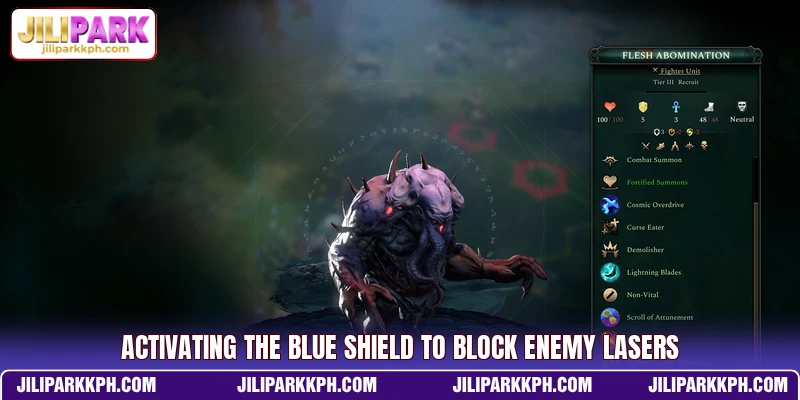 Activating the blue shield to block enemy lasers