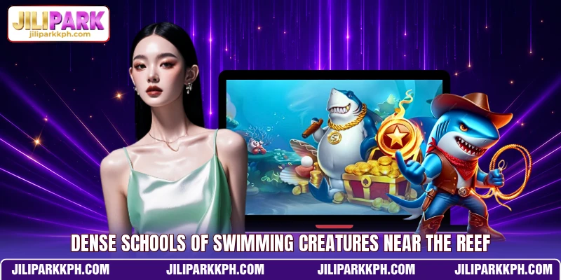 Dense schools of swimming creatures near the reef