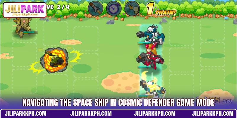 Navigating the space ship in Cosmic Defender game mode