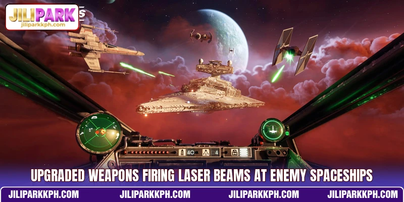 Upgraded weapons firing laser beams at enemy spaceships